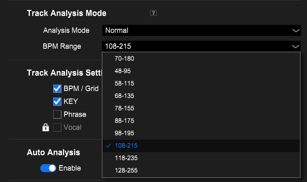Rekordbox BPM range and key analysis preferences